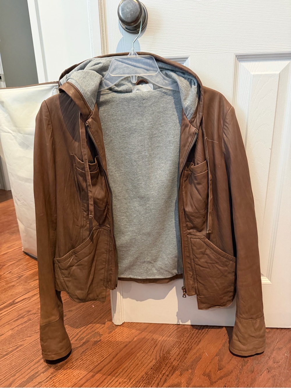 Ever women’s soft Brown Leather Hooded Jacket with Grey Lining